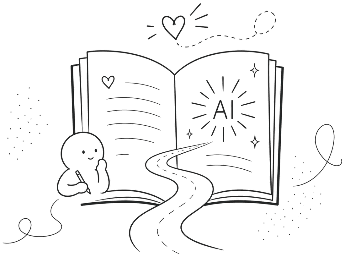 A reader taking notes beside an open book, with a winding path leading to AI radiating from its pages