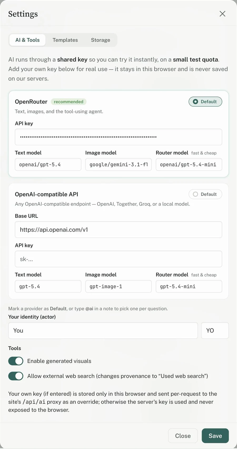 Settings — the AI & Tools tab, with model, endpoint, and per-tool switches