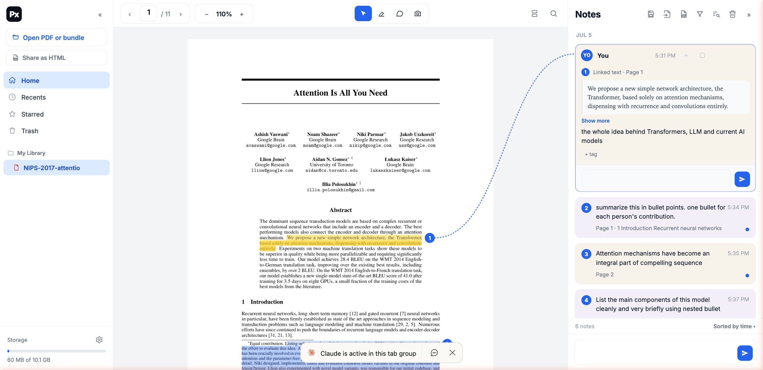 A connector line joining a note to its highlighted passage on the page