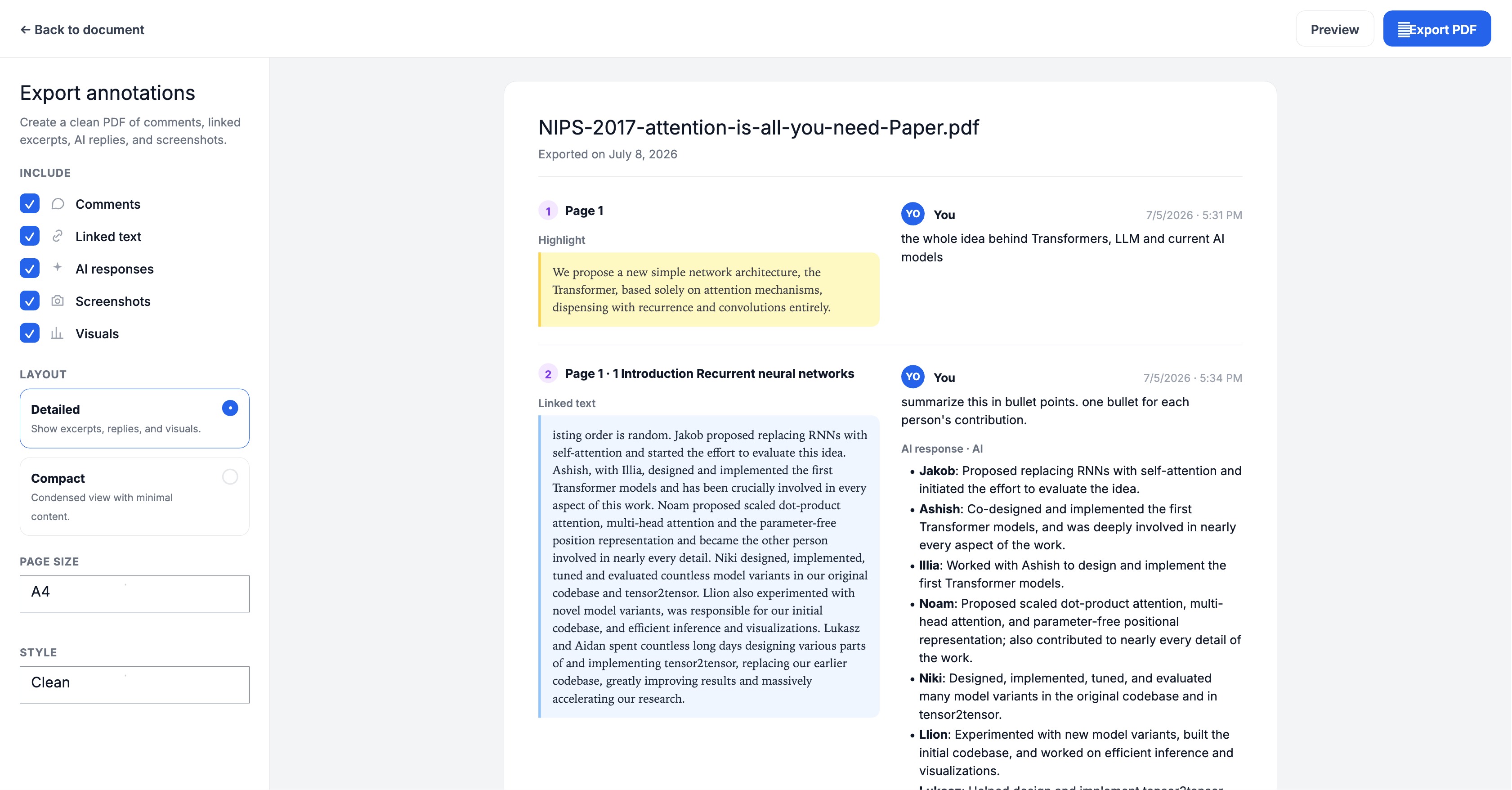 The Export annotations screen with include options and a live preview
