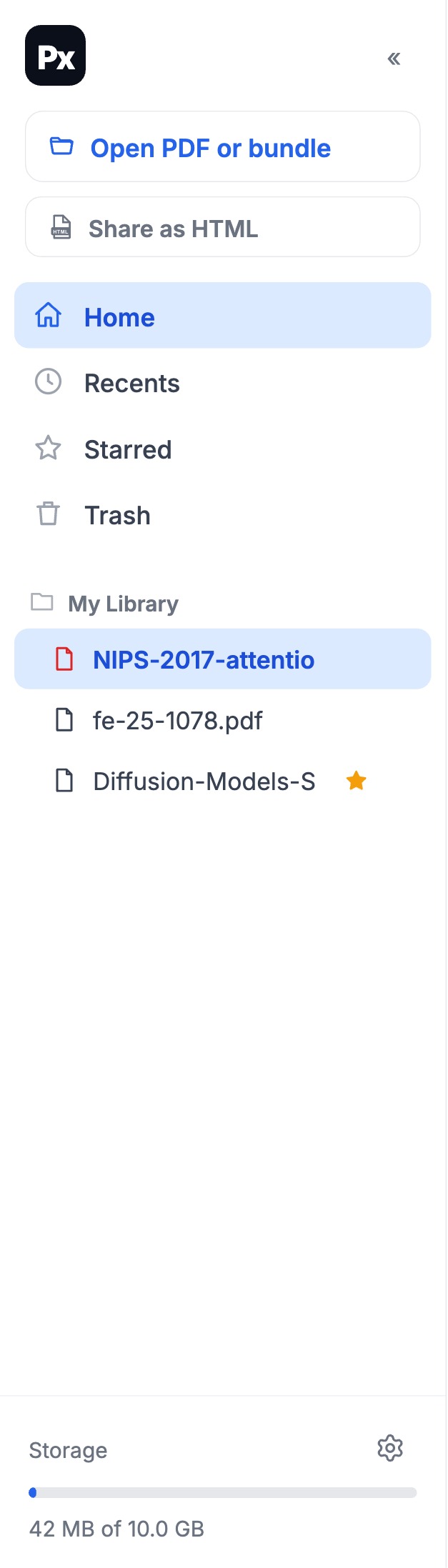 The library sidebar with documents and star/trash actions