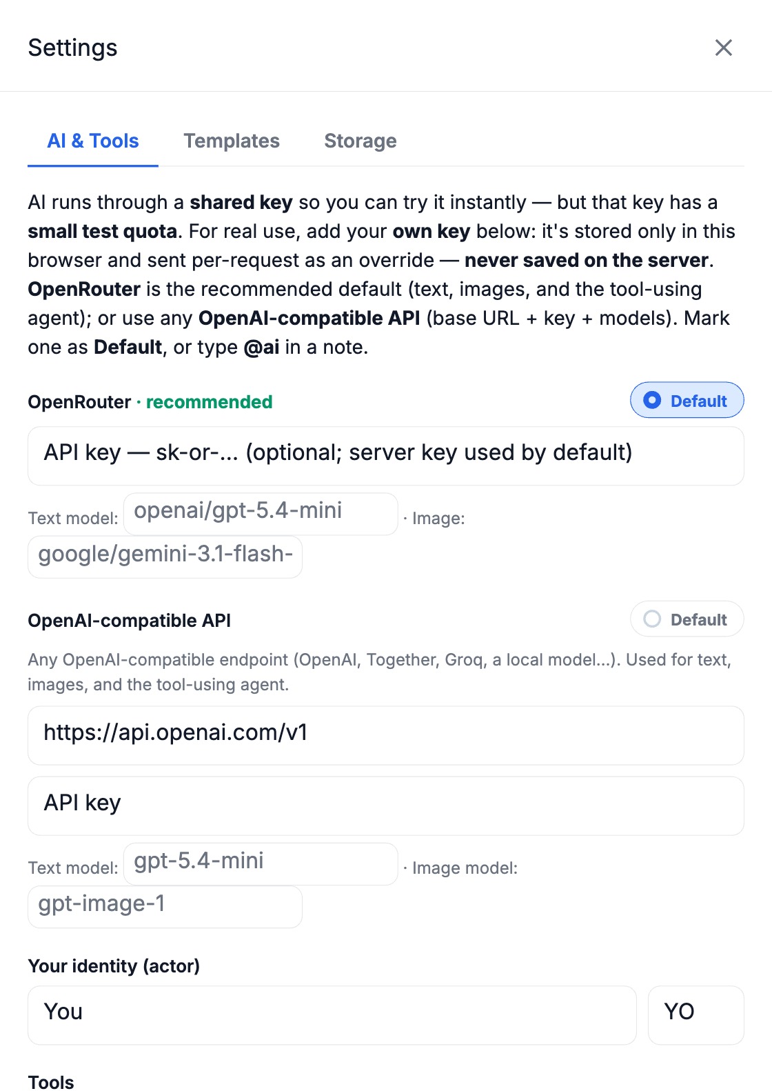 Settings — AI & Tools: providers, models, and keys