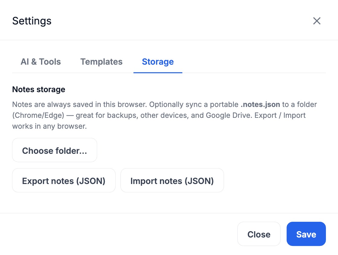 Settings — Storage: browser-only notes with optional folder sync